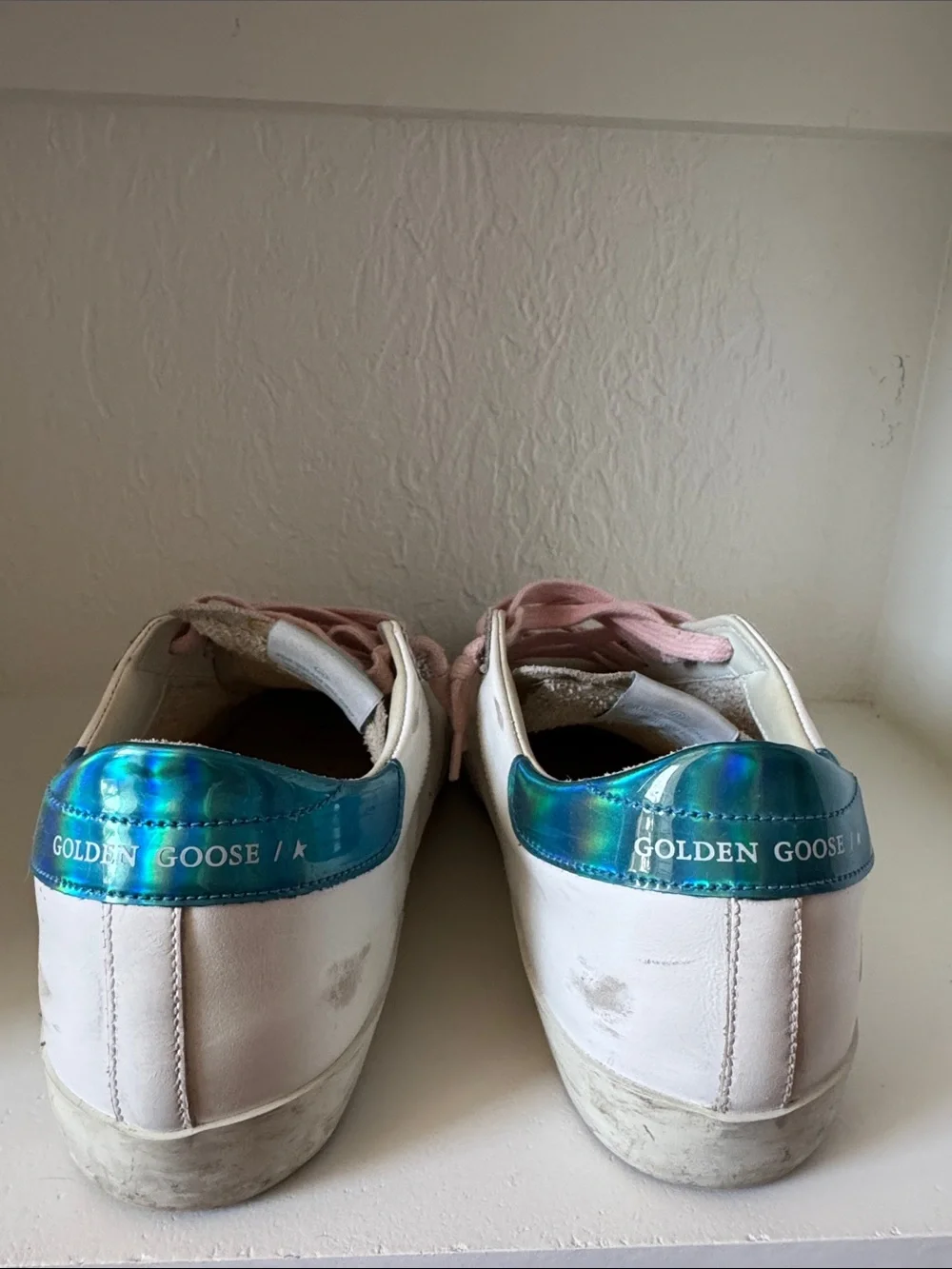 Golden Goose Limited Edition White Sneakers with Pink Laces, Silver Glitter